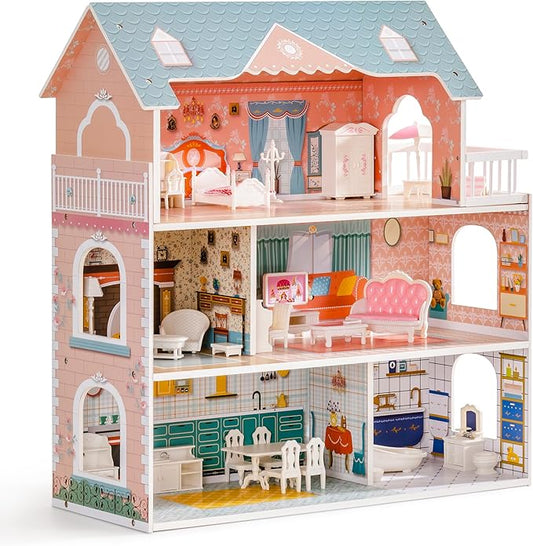 ROBUD Wooden Dollhouse for Kids Girls, Toy Gift for 3 4 5 6 Years Old, with Furniture