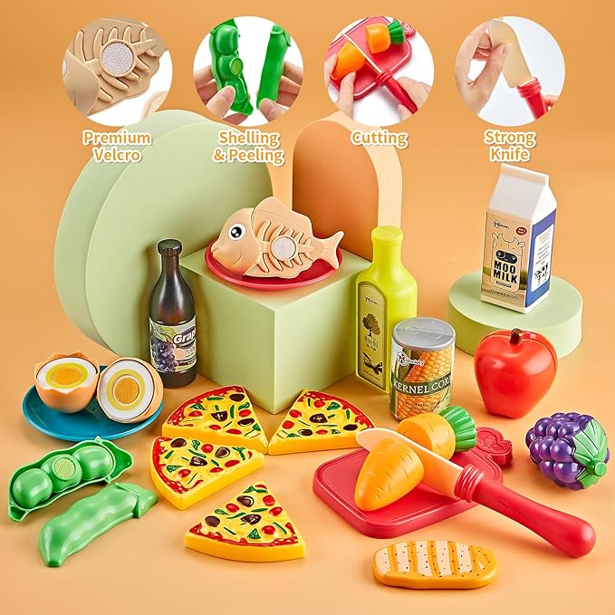 Pretend Play Accessories - 52pc Kids Kitchen Playset with Play Food, Stainless Steel Cookware, Toys Pots and Pans, Toddler Kitchen Set with Cuttable Toy Food - Boys and Girls Gift