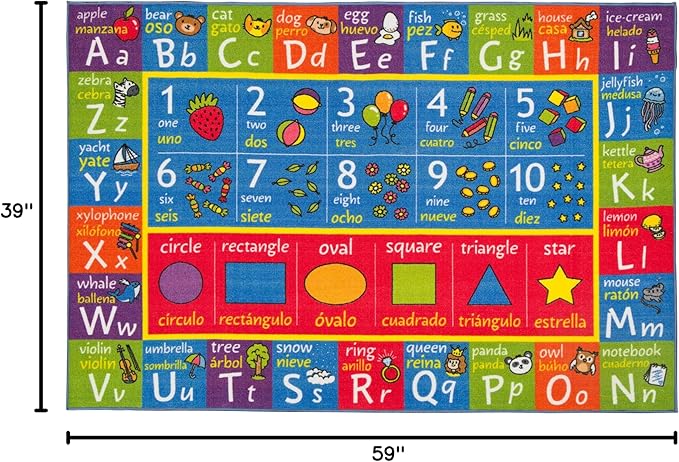 KC Cubs ABC Alphabet, Numbers, Shapes + Spanish Translations Educational Learning Game Play Boy & Girl Kids Area Rug Carpet for Children Bedroom, Toddler Classroom, & Baby Playroom Floor Activity Mat