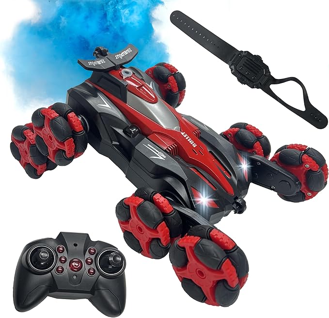 Gesture Sensing RC Stunt Car - Remote Control Car Toys with Lights Music Spray - 8WD 360° RC Cars - Best Gift for Kids for All Ages (Red)