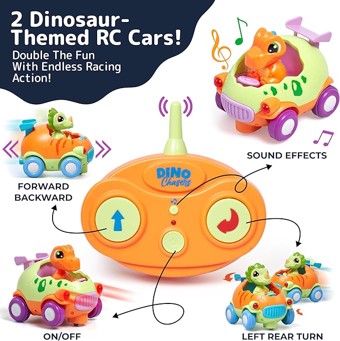 PREXTEX Dino Remote Control Car - Cartoon Style Dinosaur Remote Car with Music and Lighting - Disassemblable and Assemblable - Forward and Rotational Movement - Plastic - Multi-Color