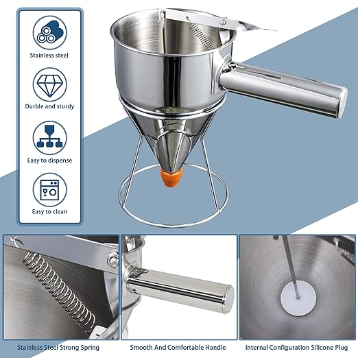 MyLifeUNIT Pancake Batter Dispenser, 40oz Multi-Caliber Stainless Steel Funnel Cake Dispenser with Stand Great for Pancakes, Cupcakes or Any Baked Goods