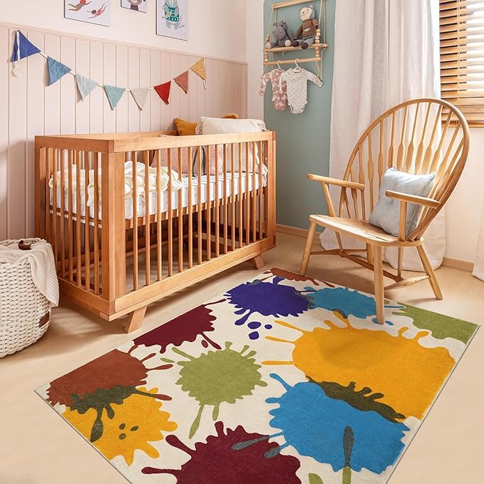 STARUIA Art Bedroom Rug, 4'x6' Machine Washable Kids Rug for Playroom, Paint Splash Rainbow Area Rug for Classroom, Soft Colorful Living Room Rug Throw Play Mat for Nursery Office Preschool