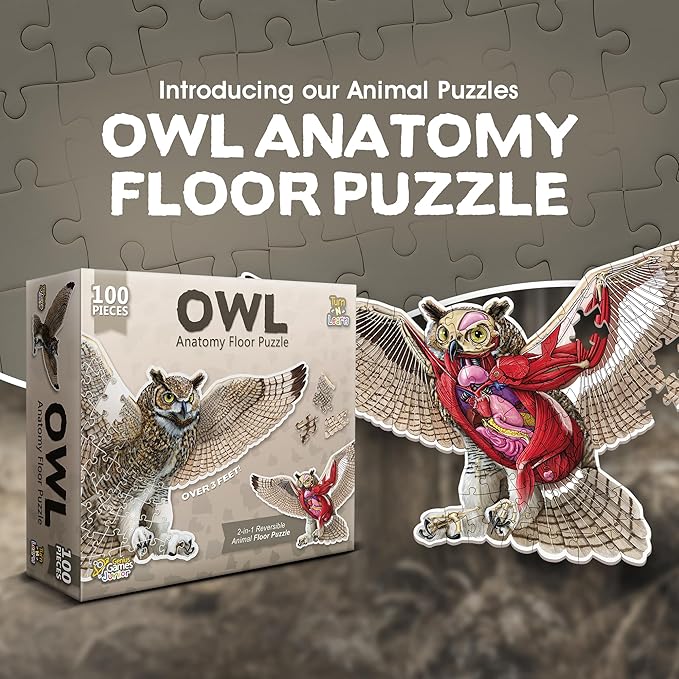 Owl Animal Anatomy Floor Puzzle | 100-Piece Double Sided Jigsaw Puzzle | Large-Sized, Over 3 Feet Scientifically Accurate Illustration - Fun and Educational Toy for Kids, Toddlers and Families