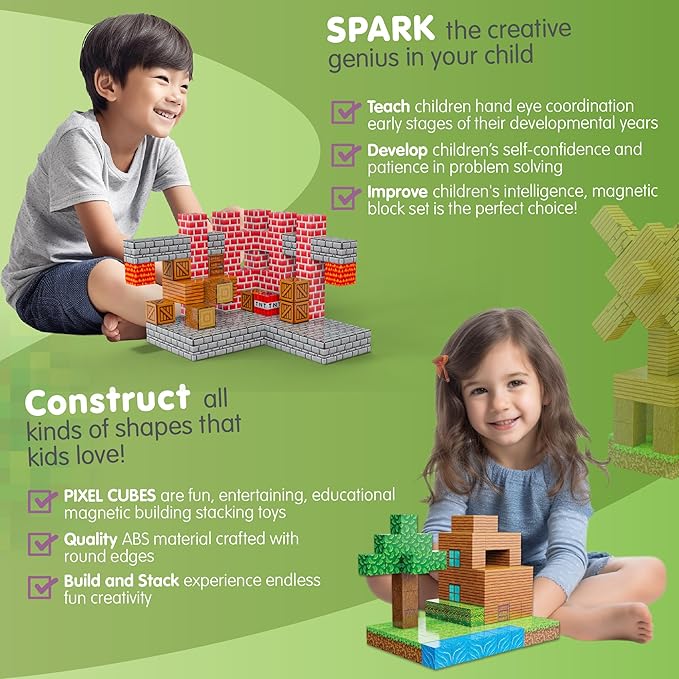 100PCS Magnetic Pixel Cubes World Pack STEM Building Blocks for Kids Montessori Educational Toys Fidget Sensory Set Construction Stacking Toy for Kids 3+ Boys and Girls Christmas Birthday Gifts