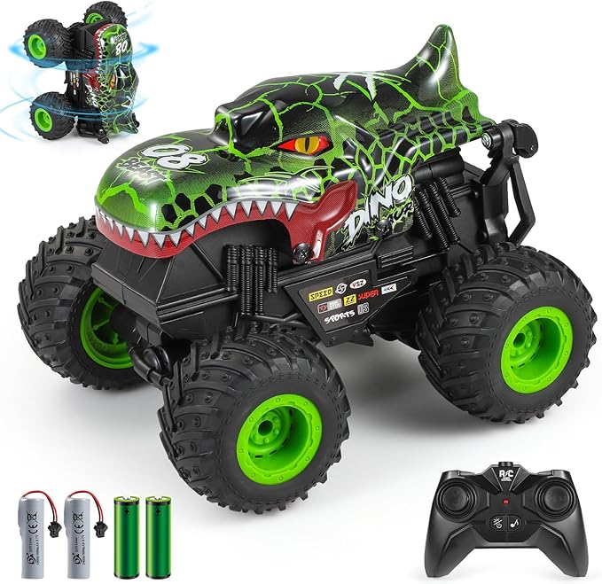 Remote Control Car, 2.4Ghz All Terrain Dinosaur Monster Truck Toys, RC Truck with Music, 3 Lighting Effects, 360 Stunt Capable, All included Ready to Run, Toy Gifts for Boys and Girls (Green)