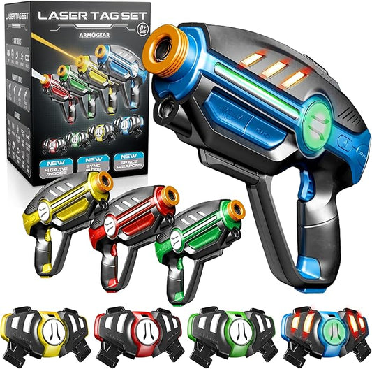 Laser Tag Set for Kids, Teens & Adults - 4 Blasters + 4 Vest Sensors with 4 Multi-Game Modes - Fun Ideas Age 8+ Year Old Toys - Lazer Teen Boy Games - Boys & Girls Outdoor Teenage Group Activities