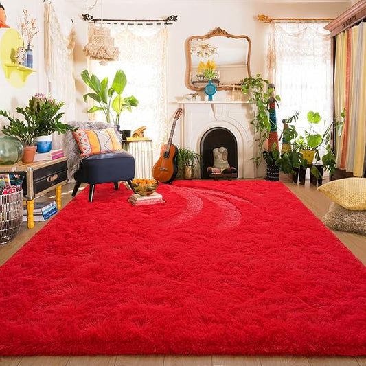 Amearea Premium Soft Fluffy Rug Modern Shag Carpet, 5.3x7.5 Feet, Fuzzy Plush Rugs for Living Room Bedroom Kids Room Home Decor, Nursery Non Slip Indoor Shaggy Carpets, Red