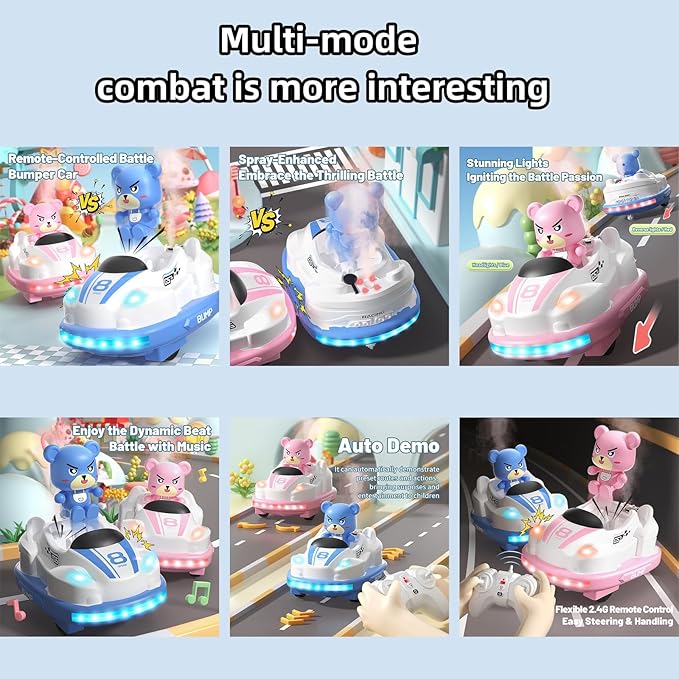 Velasko RC Bumper Cars Set of 2, Remote Control Cartoon Bumper Cars Set Toddler Toys with Music Lighting Spray for 3 4 5 6 Year Old Kids, Boys Girls Christmas Birthday Gift