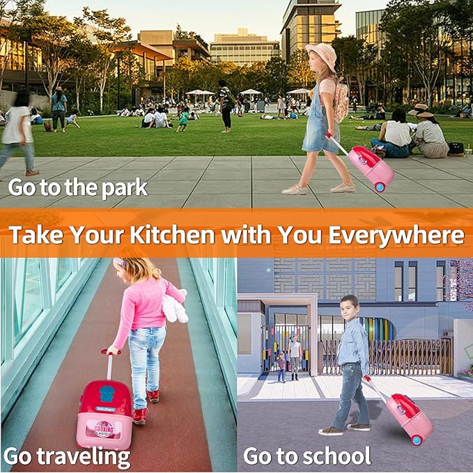 Awsoo Play Kitchen Set for Toddlers 3-5, Portable Play Kitchen with with Rolling Suitcase to Storage Plenty Toys Food, Interactive Pretend Play Toy Kitchen for Kids 3 4 5 6