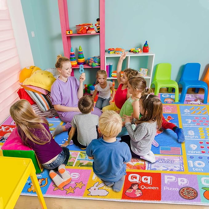 Kids Rugs for Playroom - Soft & Non-Slip 8x10 Feet Educational Rug for Learning ABC Alphabet, Numbers, Shapes & Map, Washable Classroom Rug for Toddler Nursery & Kids Room Decor