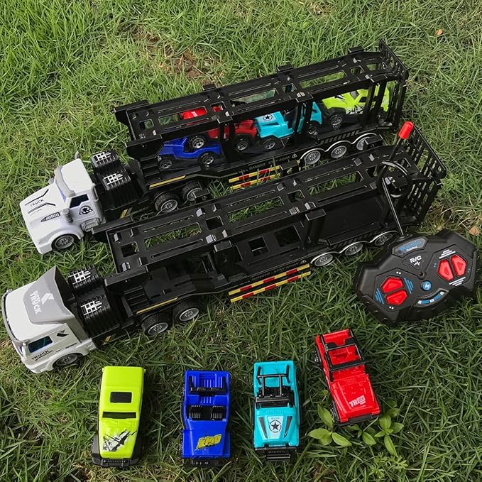 Remote Control Car Transporter Truck Includes 4 Cars - 14" 1:48 Mini RC Toy Semi Truck Trailer with 2pcs Rechargeable Batteries, Carrier Car Truck Vehicle with Lights, Great Gift for Kids Boys Girls