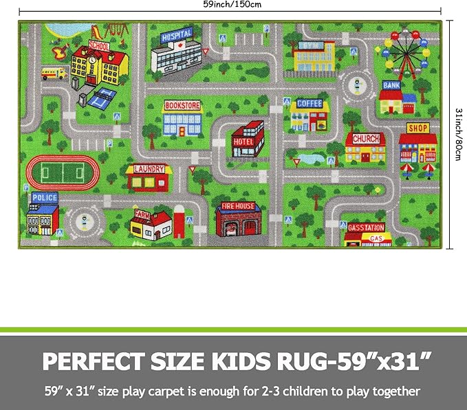 Capslpad Green Car Road Kid Rug Carpet Playmat for Playoom Traffic Road Kids Play Mat for Toddler Non Slip Washable City Map Race Track Carpet Rug for Kids Room Bedroom Nursery Room Decor,5'x2.7'
