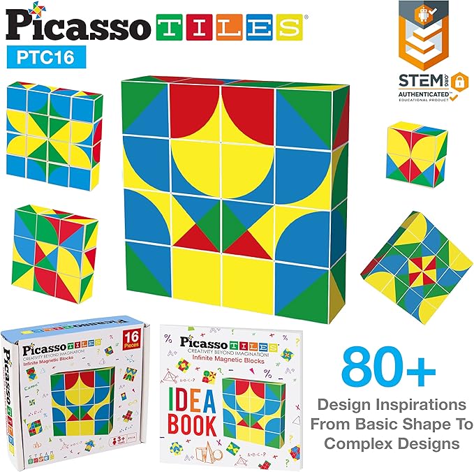 PicassoTiles 1" Infinite Magnetic Puzzle Game Magic Pixy Cube Puzzles Brain Teaser Set w/Free Ideabook Kids Toy Magnet Pattern Block Matching Card Challenge Toys Inspiration STEM Learning PTC16