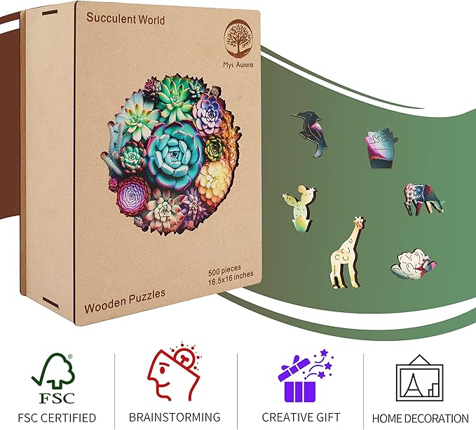 Puzzles for Adults 1000 Pieces, Mandala Succulent Plants Wooden Puzzles Unique Shaped Jigsaw Challenging Puzzle Gift for Family Game 23.4'' x 22.6''