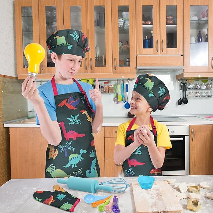 Anpro Complete Kids Cooking and Baking Set - 27 Pcs Includes Aprons for Girls, Chef Hat, Mitt & Utensil to Dress Up Chef Costume Career Role Play for 3-7 Years Boys
