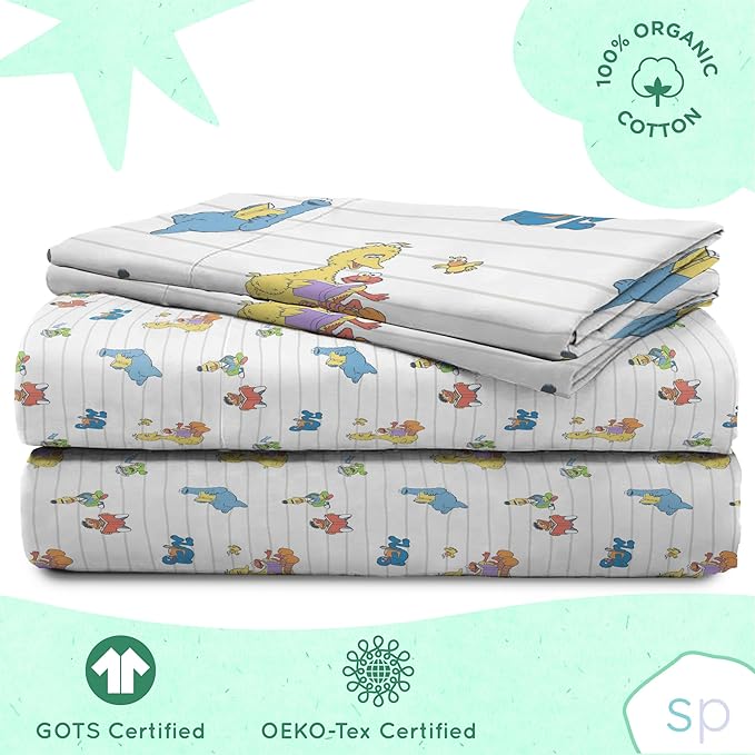 Saturday Park Sesame Street Queen Sheet Set - Elmo and Cookie 4 Piece 100% Organic Cotton Sheets with Pillow Cover - GOTS & Oeko-TEX Certified