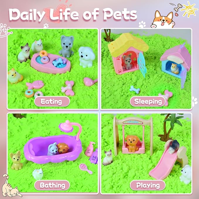 Pet Sensory Bin, Cat and Dog Sensory Bin for Toddlers Kids, Sensory Play Sand Art Kit Set with Sandbox & Tools & Pet Care Set, Indoor Outdoor Pretend Play Beach Toy Gift for Girls Boys 3 4 5 6 7 8