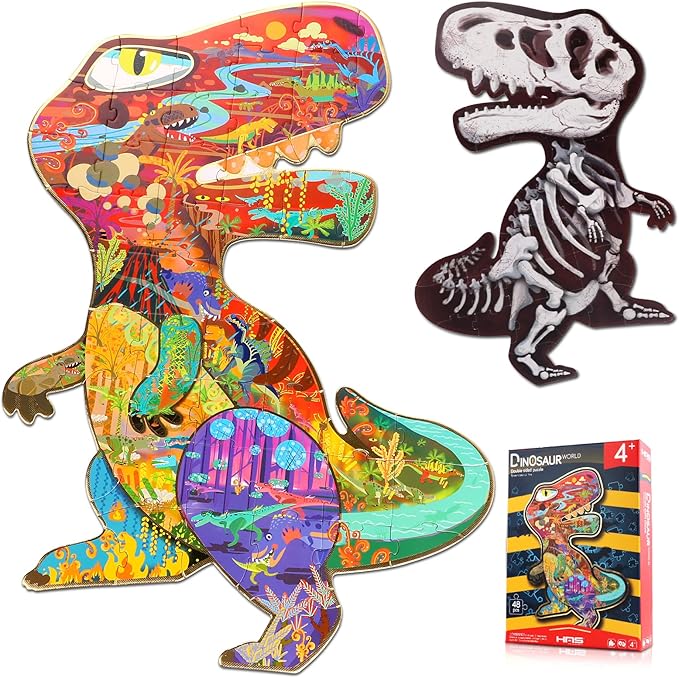 HAS Floor Puzzles for Ages Kids 4-10, 48 PCS Double-Sided Dinosaur Puzzles, Unique Large Pieces Irregular Shape Jigsaw Puzzle for Children(T-Rex)