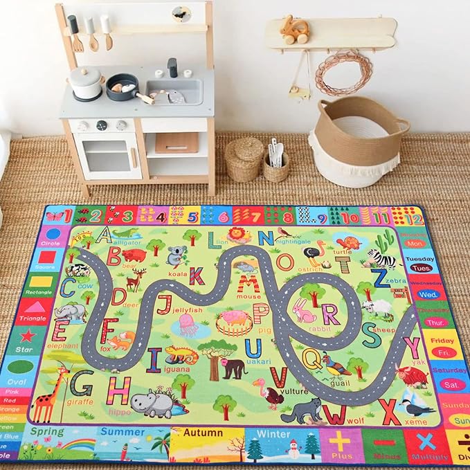 Terrug Kids Rug for Playroom & Classroom, Washable Nursery Carpet, Non-Slip Play Mat, Learning ABC, Numbers, Animals, Colors, Seasons, 4x6 Feet