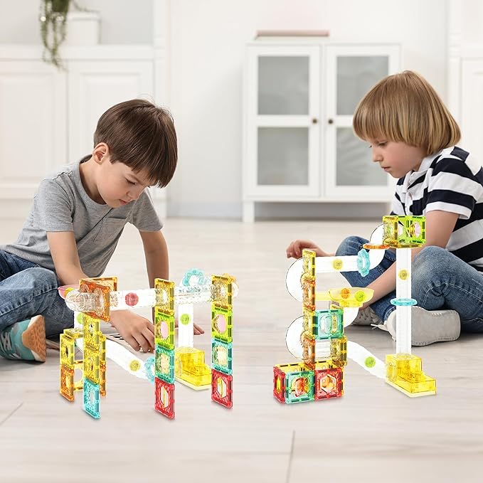 PicassoTiles 100 Piece Magnetic Marble Run Travel Size Sensory Toddlers Construction Toy Set Mini Diamond Magnet Tiles Marbles for Kids Race Track Building Blocks STEM Learning Kit Boy Girl 3+ PTMG100