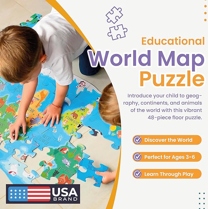 48 Piece Puzzles for Kids Ages 4-6 - Floor Puzzles for Kids Ages 3-5 - Preschool Learning Toys - World Map Puzzle - Educational Toys for 3 Year Old - Includes Two Giant Coloring Posters