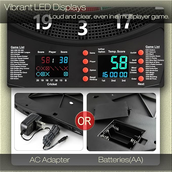 Electronic Dartboard Set with Colorful LED Displays, Soft Tip Cricket Dart Board AC & Batteries - Including 6 Darts, 130 Tips,6 Integrated Dart Tail, 2.5m Extended Power Adapter