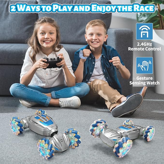 Gesture Sensing RC Stunt Car, Remote Control Car Birthday gifts for kids Age 6-12, 2.4Ghz Hand Controlled Twist Cars, 360° Rotating Transform Off Road Car Toy for Boys Girls Age 6 7 8 9 10 11+ (Gray)