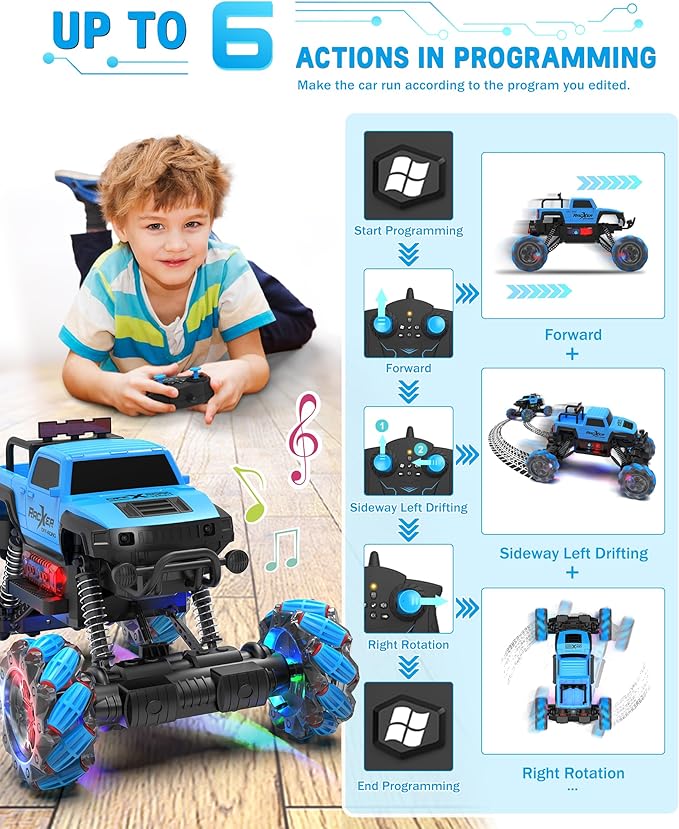 Programmable RC Stunt Truck, 1:12 Remote Control Monster Car with 360° Spin, Drift, One-Key Demo, 4WD All-Offroad Cars with Spray Music Dance Hobby Truck Gifts for 6-12 Boys Girls Christmas (Blue)