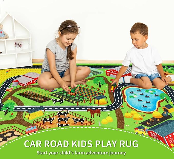 Kids Rug Play Mat for Toy Cars, 59"×78.7" Farm Life Road Traffic for Playroom Kids Car Road Rug Village Map Mat Farm Animals Washable Play Carpet for Toddlers Boys Room Family Tummy Time Playtime