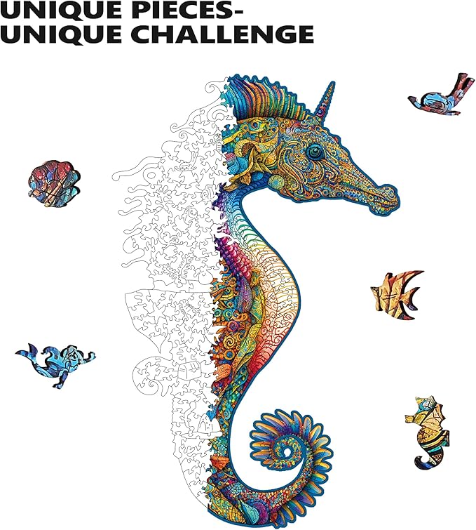 Unique Wooden Jigsaw Puzzles - Unicorn Seahorse, 300 Pcs King Size 11.4" x 17.9", Animal Shaped Wood Puzzle, Beautiful Package, Best Gift for Adults and Kids, Family Game