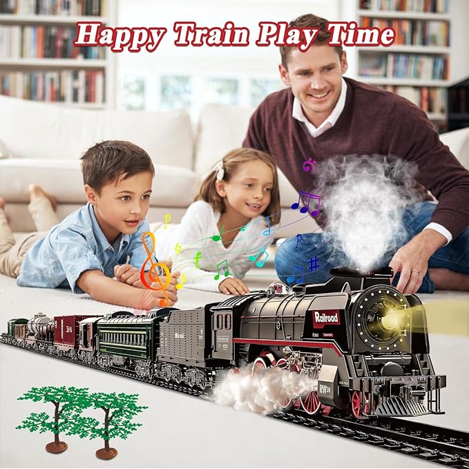 Train Set for Kids, Electric Train Toys with Realistic Light Sounds Smoke, Christmas Train Model Gifts for Toddlers Boys Girls, Steam Locomotive, Luxury Track & 2 Glowing Passenger Carriages