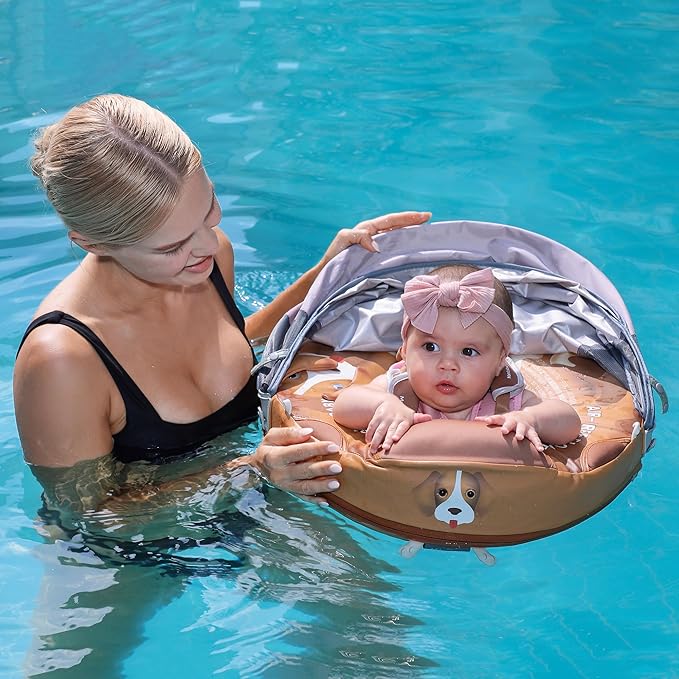 Mambobaby Float Add Tail Baby Swim Float with Canopy Solid Pool Infant Swim Trainer Swimming Training Lying Air Free Water Floats Non-Inflatable Waist Swim Ring for Toddlers (Cute Puppy)