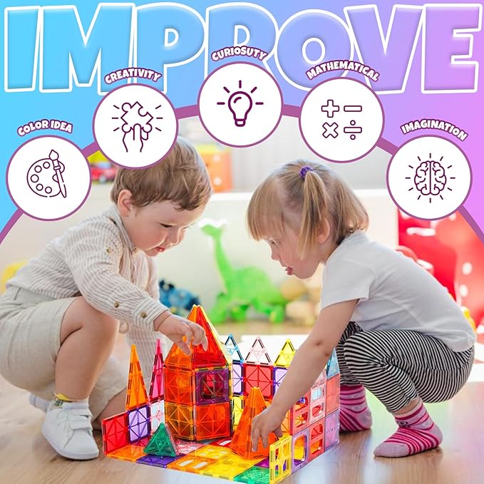 Magnetic Building Tiles for Kids, 100 Pcs Magnetic Building Blocks Set with 2 Cars, Construction Magna Tiles, STEM Sensory Stacking Educational Toys Gifts 3+ Girls and Boys
