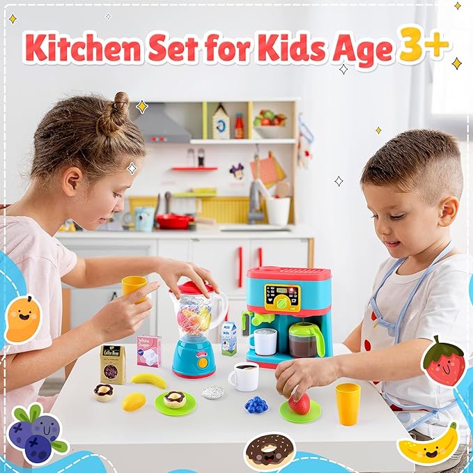 PLAY Kitchen Appliances Toys Set, Pretend Play Kids Kitchen Playset with Coffee Maker, Toy Blender and Play Foods, with Realistic Lights and Sounds, Play Kitchen Accessories Gift for Toddler Ages 3+