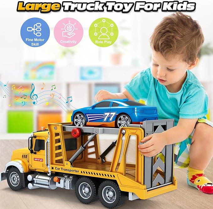 Kids Toys for 3 4 5 6 7 8 Years Old Boys, Transport Cars Carrier with Racing Car with Lights, Sounds, Toddler Friction Powered Truck Vehicle Toy for Boys Girls Christmas Birthday Gifts
