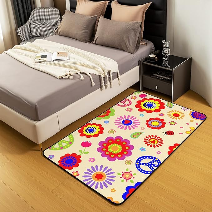 Kids Colorful Flowers Cute Area Rug 3x5 Hippie Peace Symbol Rug for Girls Kawaii Groovy Floral Power Carpet Cartoon Garden Botanical Ladybug Non Slip Decorative Rug for Living Room