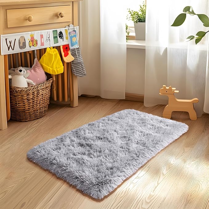 Super Fluffy Throw Rug for Bedroom, Modern Shag Grey Area Rugs, Soft and Cozy Plush Small Carpet for Kids,Girls Boys and Teens Decorations for Living Room Dorm Nursery Classroom, 2x4 Feet