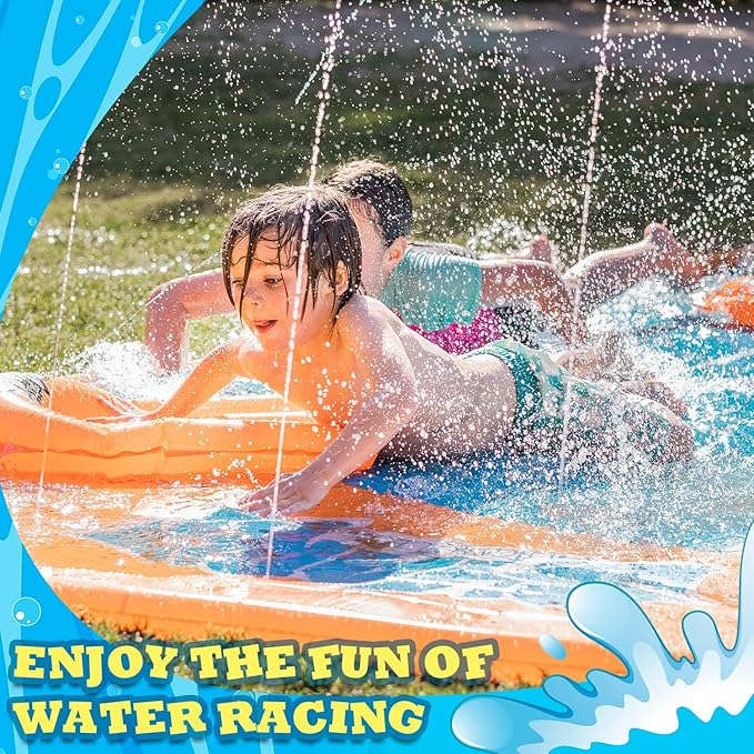Slip Water Slide, 22ftx5ft Slip Water Slide for Kids Backyard Lawn,Summer Water Toys Outdoor Sprinkler with 2 Sliding Racing Lanes and 2 Inflatable Bodyboards