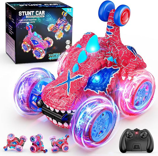 Carsky Remote Control Car RC Cars for Boy 360°Stunt Rotation 4WD Remote Cars for Kids 3-6 Double Sided Dinosaur Toy with Lights,2.4GHz Electric Toy Car,Easter Birthday Gift for 3 4 5 6 Year Old Boy