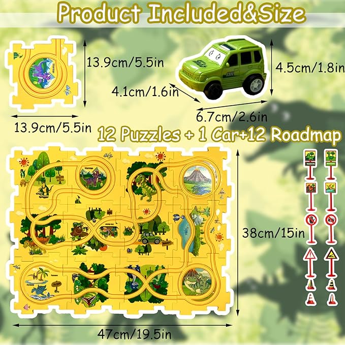 4 Year Old Boy Birthday Gift, Puzzle Racer Kids Car Track Set Puzzle Racer Car Track Set with Roadmap Puzzle Track Car Play Set Toys for 4 Year Old Boys (A-Dinosaur, Set1-25pcs)