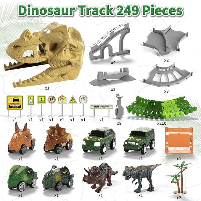 iHaHa 249 PCS Dinosaur Toys Race Car Track, Toys for Kids Toddler Boys Ages 2-4 3-5 4-6, Dinosaur Race Tracks Toys with Light, Sound & Spray, Birthday Dinosaur Toys Gifts for 2 3 4 5 Year Old Boys