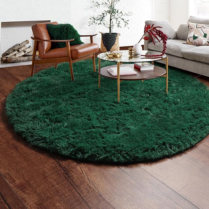 ONASAR Dark Green Round Area Rug 4x4, Soft Bedroom Circle Rugs for Kids Girls Teen Room, Cute Furry Plush Shaggy Carpet for Baby Nursery Living Room Playroom Dorm Christmas Home Decor