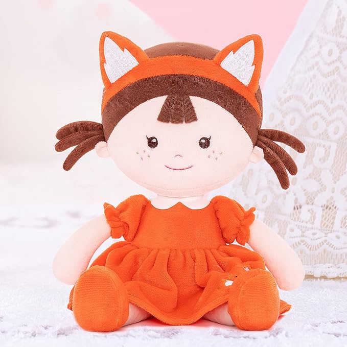 Onetoo First Baby Doll Plush Rag Dolls Sleeping Cuddle Buddy Dolls Soft Baby Doll for Girls Wear Fox Costume Reddish Brown Dress14（Milly Series）