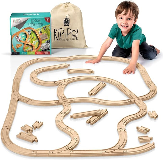 Wooden Train Tracks Set - 52 pcs+Bonus Railroad Map –Compatible W All Major Wooden Railway Toy Brands Including: Thomas The Train Track Set, Brio Train, Melissa and Doug Train Set for Kids 3+