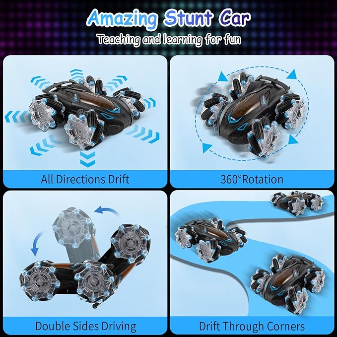RC Cars Gesture Sensing Stunt Car, 360° Rotating Remote Control Car with Cool Light and Music, Spray Drift Hand Controlled Car, 2.4Ghz Rechargeable RC Car, Best Birthday Gifts for Boys 6-12 (Blue)