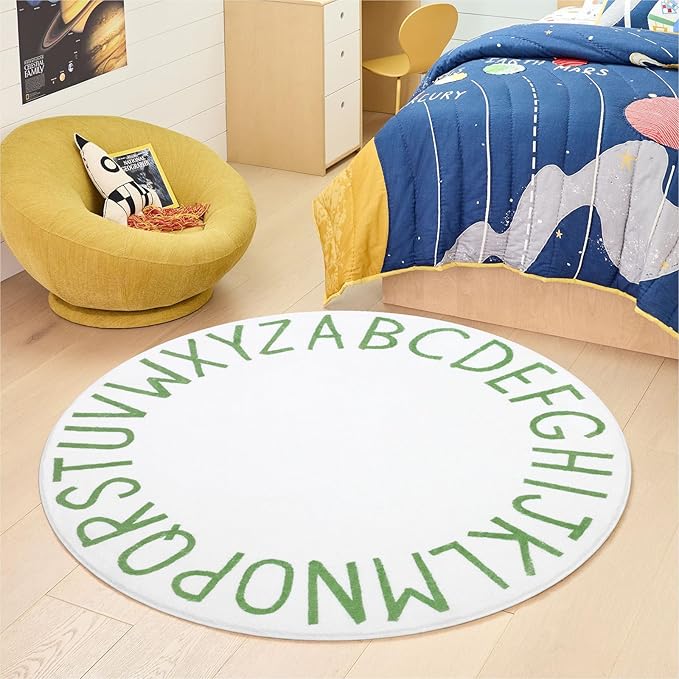 Topotdor Round Kids Play Rug Alphabet Nursery Area Rug Extra Large Soft Crawling Play Mat for Children Toddlers Bedroom (47 inch, Green/White)