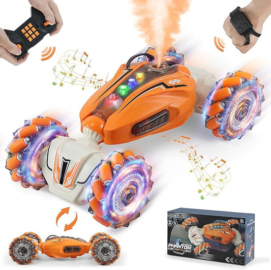 Gesture Sensing RC Car Hand Controlled Remote Control Car with Spray, 2.4Ghz All Terrain Remote Toy C-ar for Kids, Transformed Vehicle 360° Spins LED Present Speedcar for 3-12yr Boys Girls Orange
