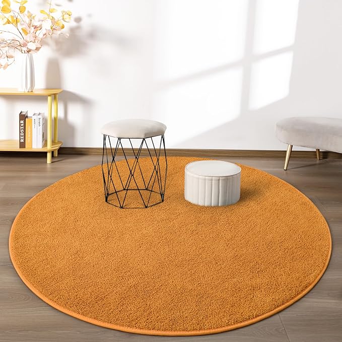 FlyDOIT Round Area Rugs for Bedroom Living Room, 4x4 Orange Super Soft Comfy Thickened Memory-Foam Indoor Circle Carpets, Modern Aesthetic Minimalist Carpet for Boys Girls Adults Nursery Home Décor