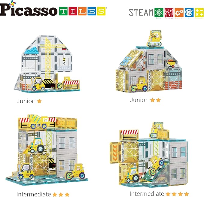 PicassoTiles Magnet Tiles Magnetic Building Blocks with 8 Construction Vehicles Crank Truck Excavator Bulldozer Road Roller Concrete Mixer Tractor Dump Truck Forklift Toys Learning Kids Ages 3+ PTQ11